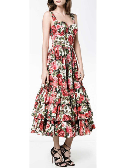 Sleeveless Roses Printed Midi Dress - Dresses