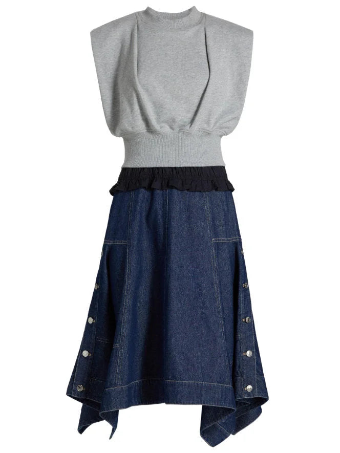 Sleeveless Sweatshirt and Denim Dress Set - Dresses