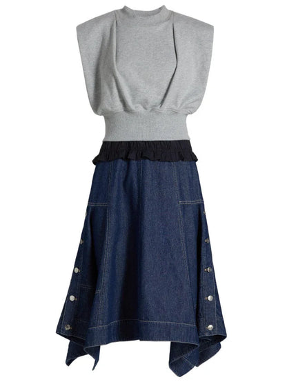 Sleeveless Sweatshirt and Denim Dress Set - Dresses