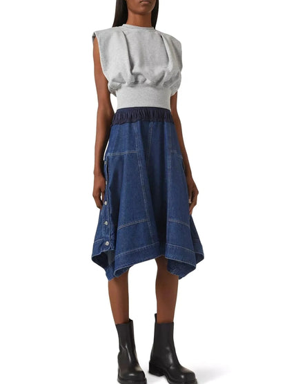 Sleeveless Sweatshirt and Denim Dress Set - Dresses