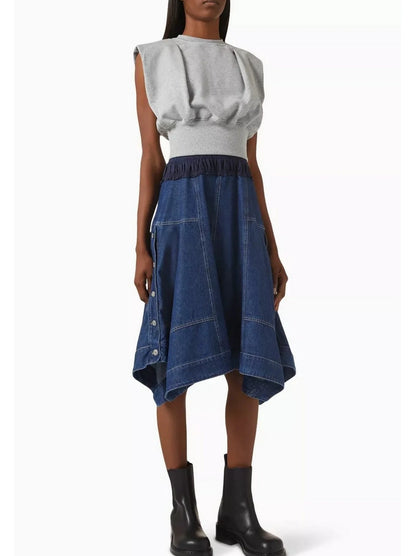 Sleeveless Sweatshirt and Denim Dress Set - Small - Dresses