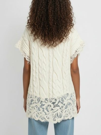 Sleeveless Turtleneck Cable-Knit Sweater with Lace Trim - Sweaters & Knitwear