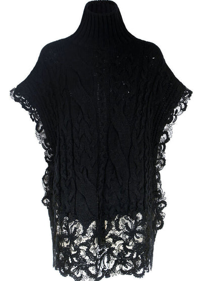 Sleeveless Turtleneck Cable-Knit Sweater with Lace Trim - Sweaters & Knitwear