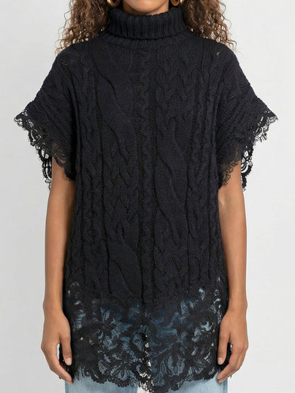 Sleeveless Turtleneck Cable-Knit Sweater with Lace Trim - Sweaters & Knitwear