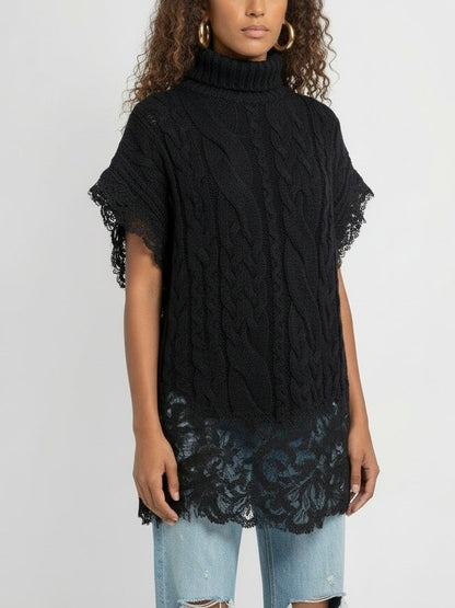 Sleeveless Turtleneck Cable-Knit Sweater with Lace Trim - Sweaters & Knitwear