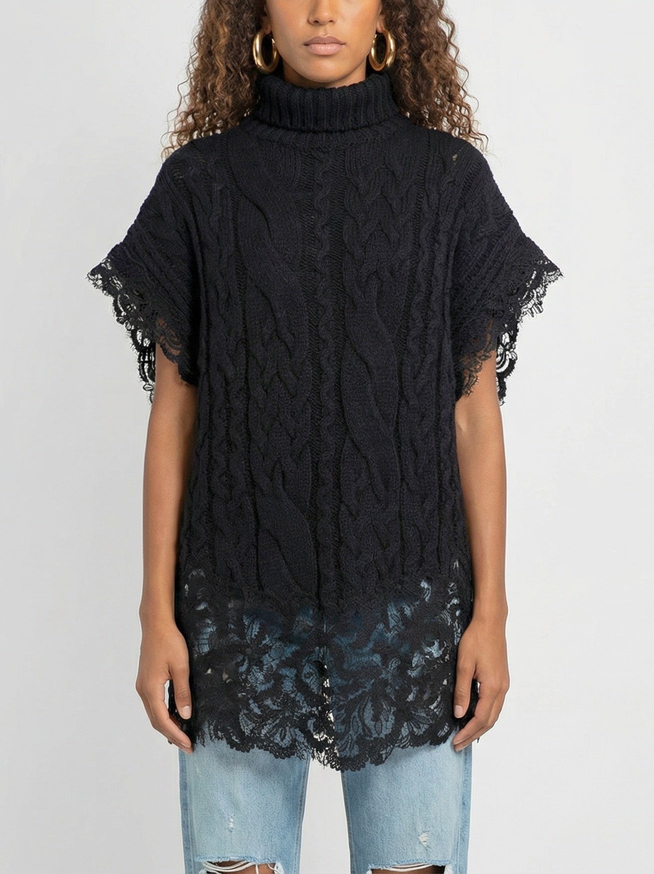 Sleeveless Turtleneck Cable-Knit Sweater with Lace Trim - S / Black - Sweaters & Knitwear