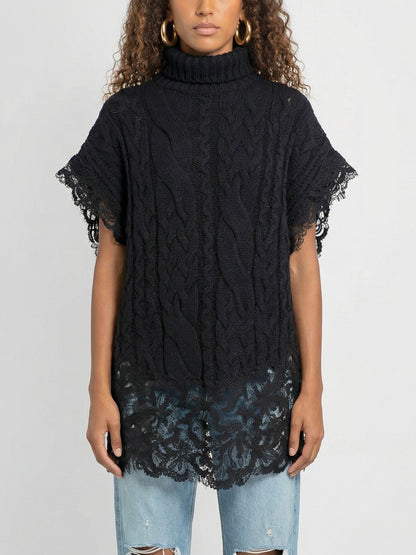 Sleeveless Turtleneck Cable-Knit Sweater with Lace Trim - S / Black - Sweaters & Knitwear
