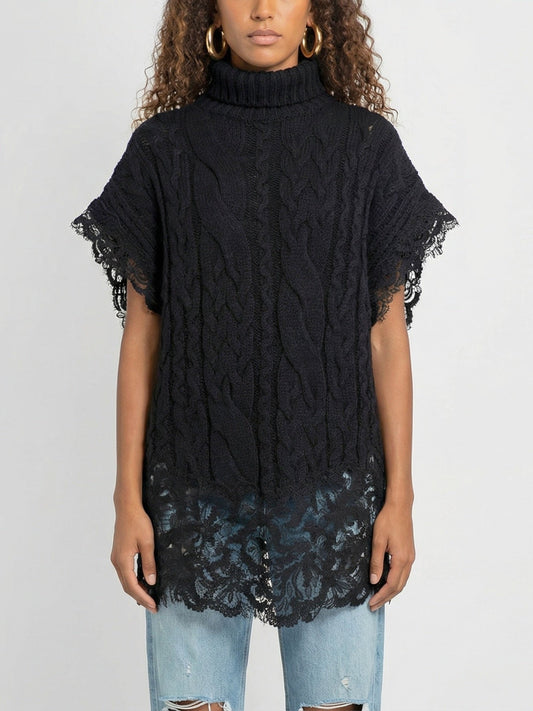 Sleeveless Turtleneck Cable-Knit Sweater with Lace Trim - S / Black - Sweaters & Knitwear