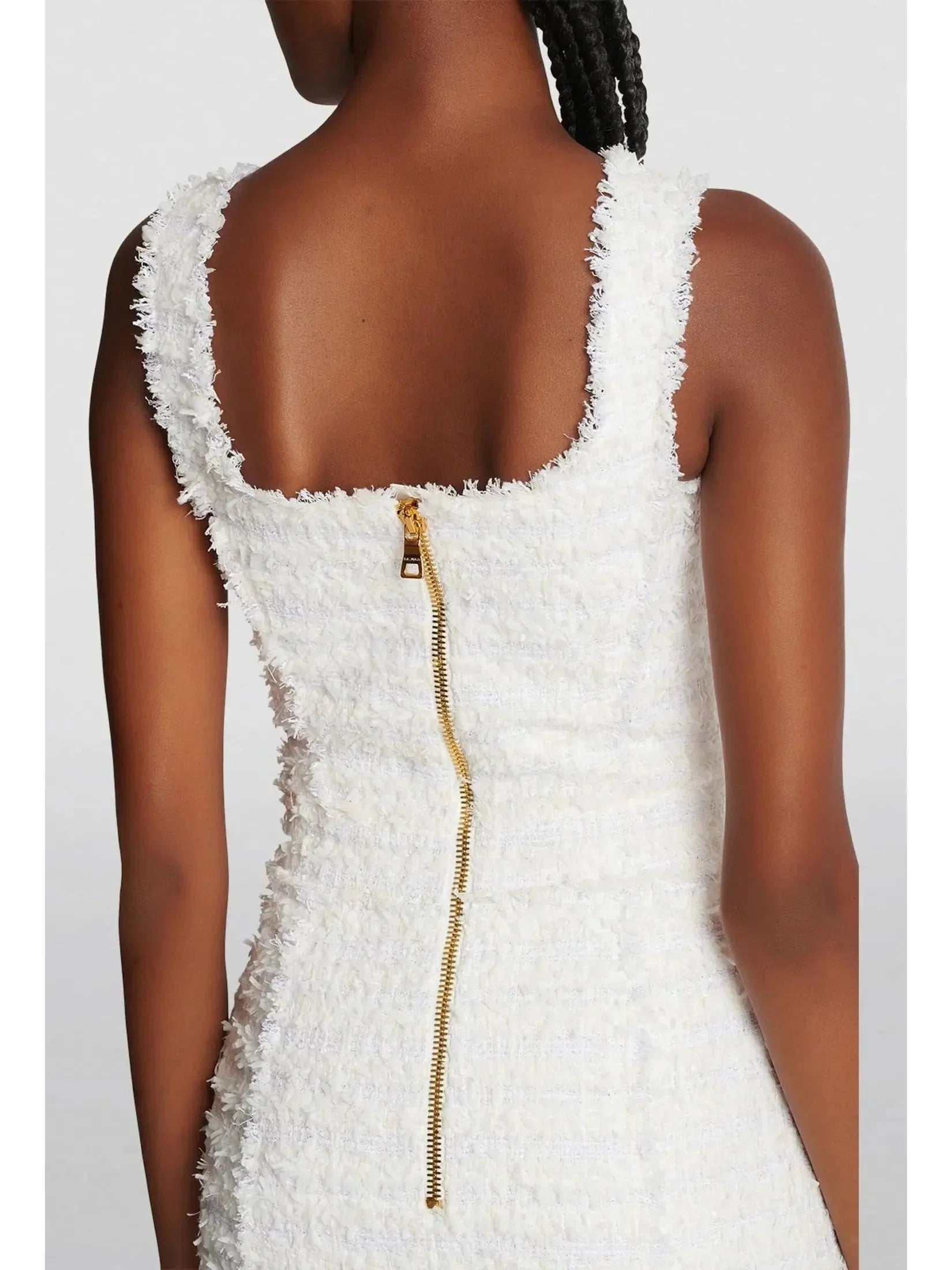 Sleeveless Tweed Buttoned Mini Dress White - Dresses