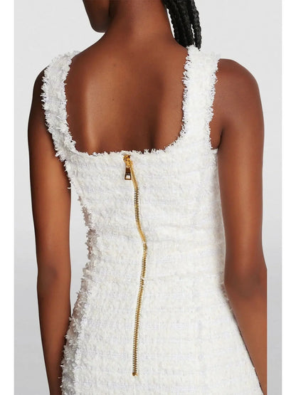 Sleeveless Tweed Buttoned Mini Dress White - Dresses