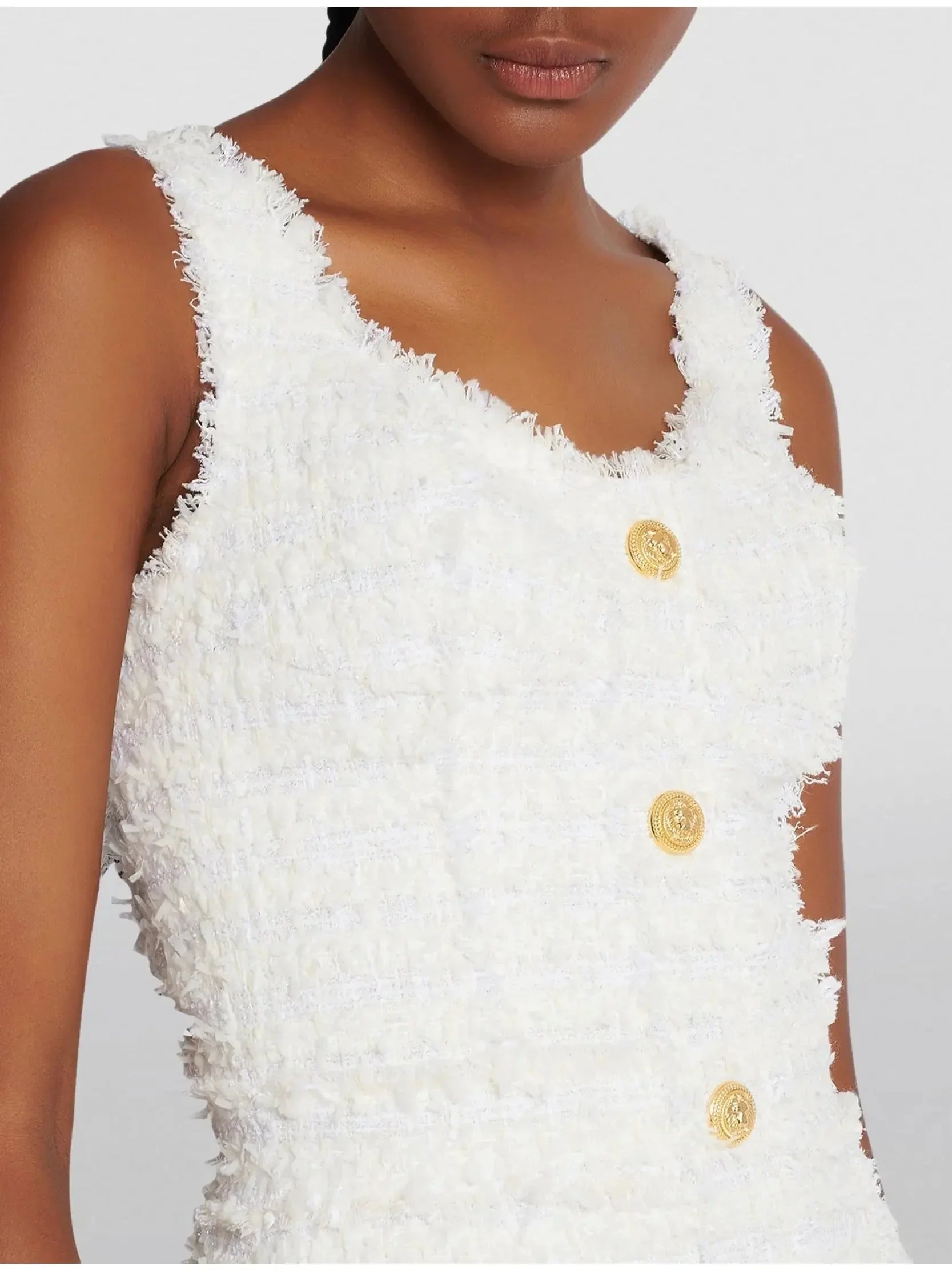 Sleeveless Tweed Buttoned Mini Dress White - Dresses