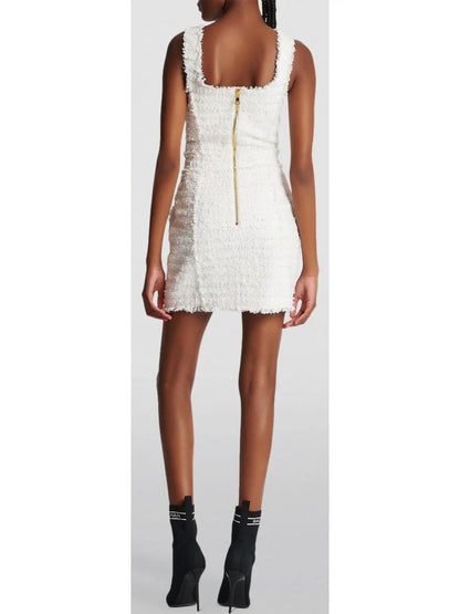 Sleeveless Tweed Buttoned Mini Dress White - Dresses