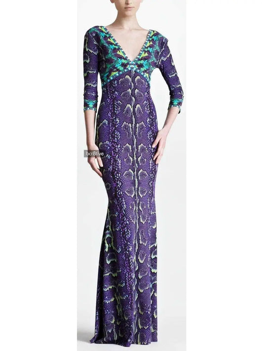 Snake Print V-Neck Jersey Silk Gown-Violet - s - Dresses