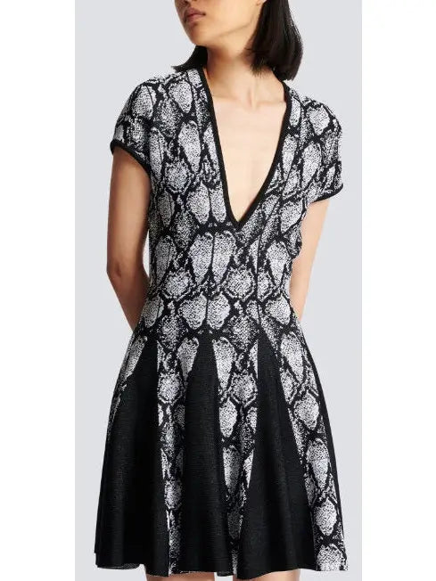 Snakeskin Printed Jacquard V-Neck Dress - Dresses