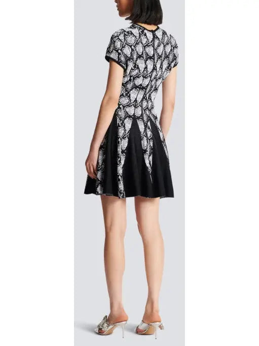 Snakeskin Printed Jacquard V-Neck Dress - Dresses