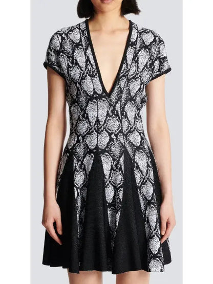 Snakeskin Printed Jacquard V-Neck Dress - Dresses