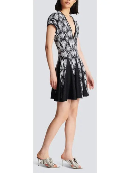 Snakeskin Printed Jacquard V-Neck Dress - Dresses