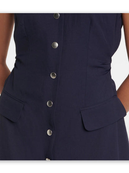 Snap-Button Fitted Gabardine Midi Dress in Navy - Dresses