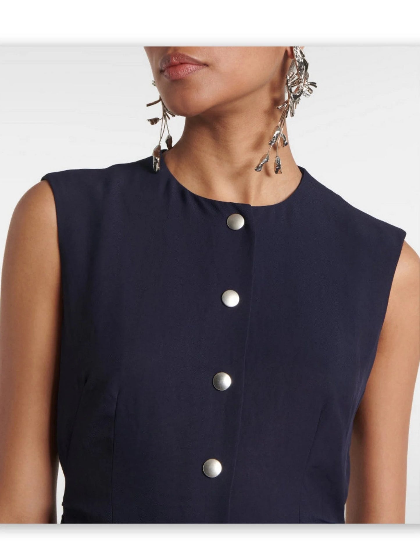 Snap-Button Fitted Gabardine Midi Dress in Navy - Dresses