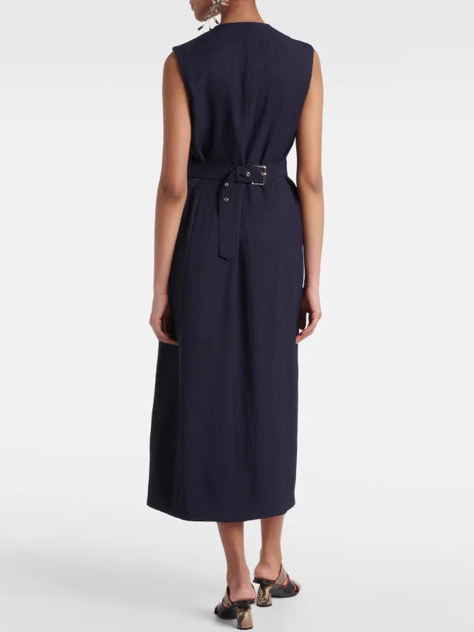 Snap-Button Fitted Gabardine Midi Dress in Navy - Dresses