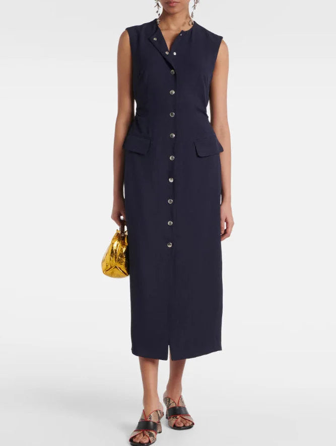 Snap-Button Fitted Gabardine Midi Dress in Navy - Dresses