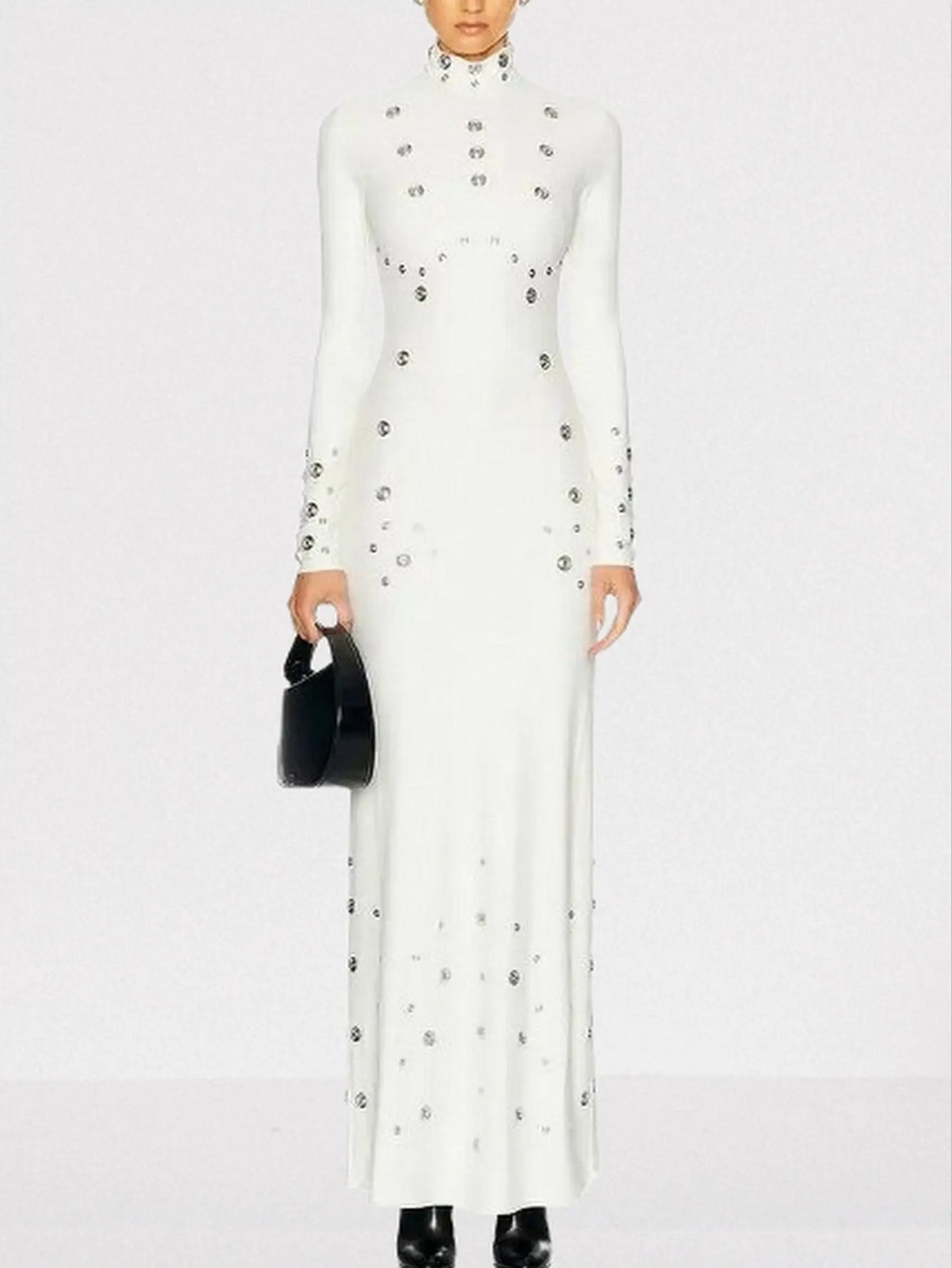 Snap-Embellished Stretch Long-Sleeve Maxi Dress - Dresses