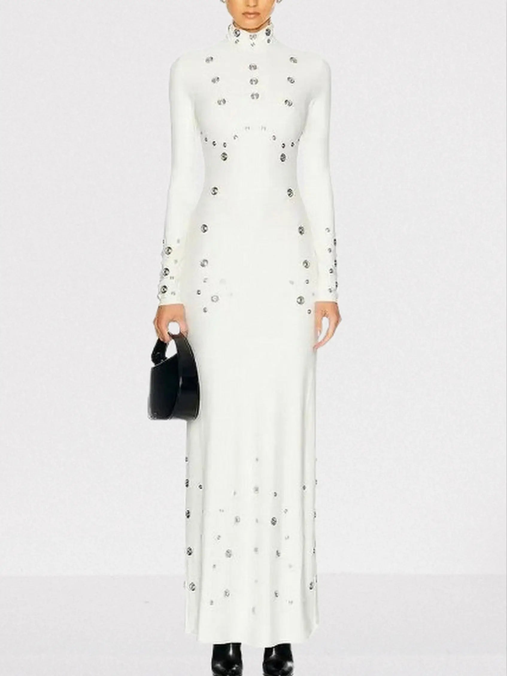 Snap-Embellished Stretch Long-Sleeve Maxi Dress - Dresses