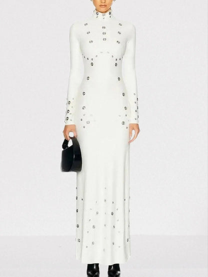 Snap-Embellished Stretch Long-Sleeve Maxi Dress - Dresses