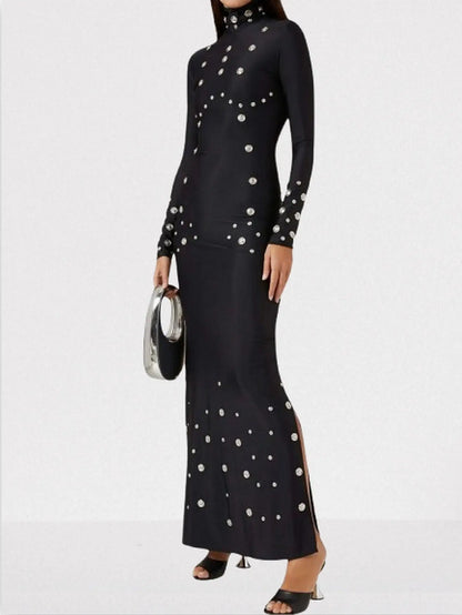 Snap-Embellished Stretch Long-Sleeve Maxi Dress - Dresses