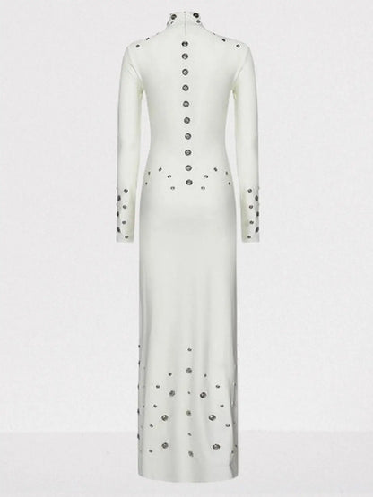 Snap-Embellished Stretch Long-Sleeve Maxi Dress - Dresses