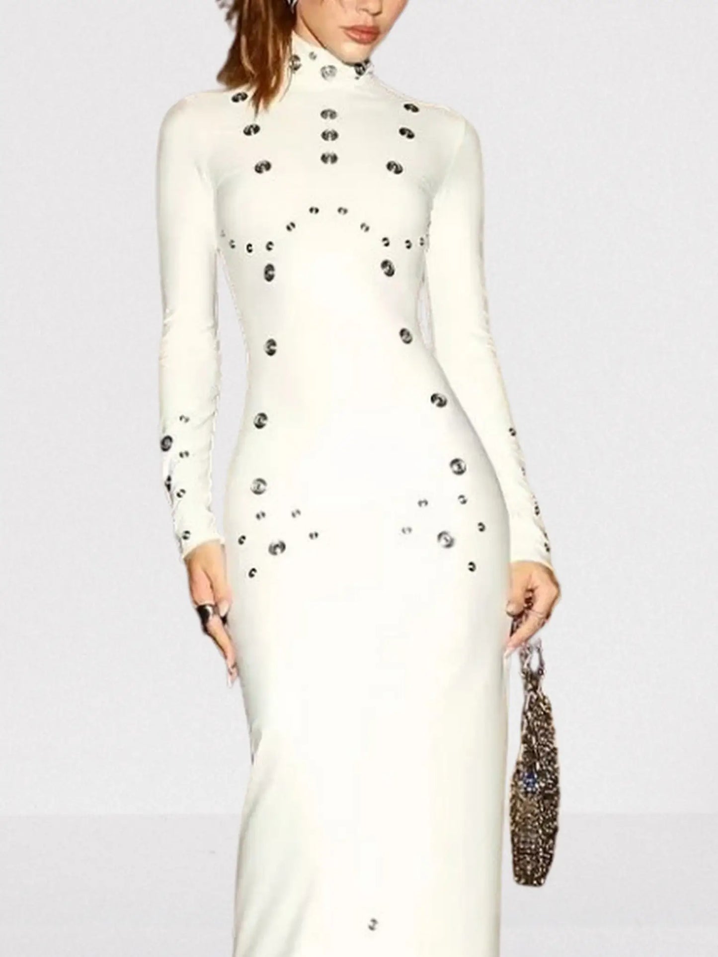 Snap-Embellished Stretch Long-Sleeve Maxi Dress - Dresses