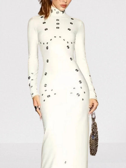 Snap-Embellished Stretch Long-Sleeve Maxi Dress - Dresses