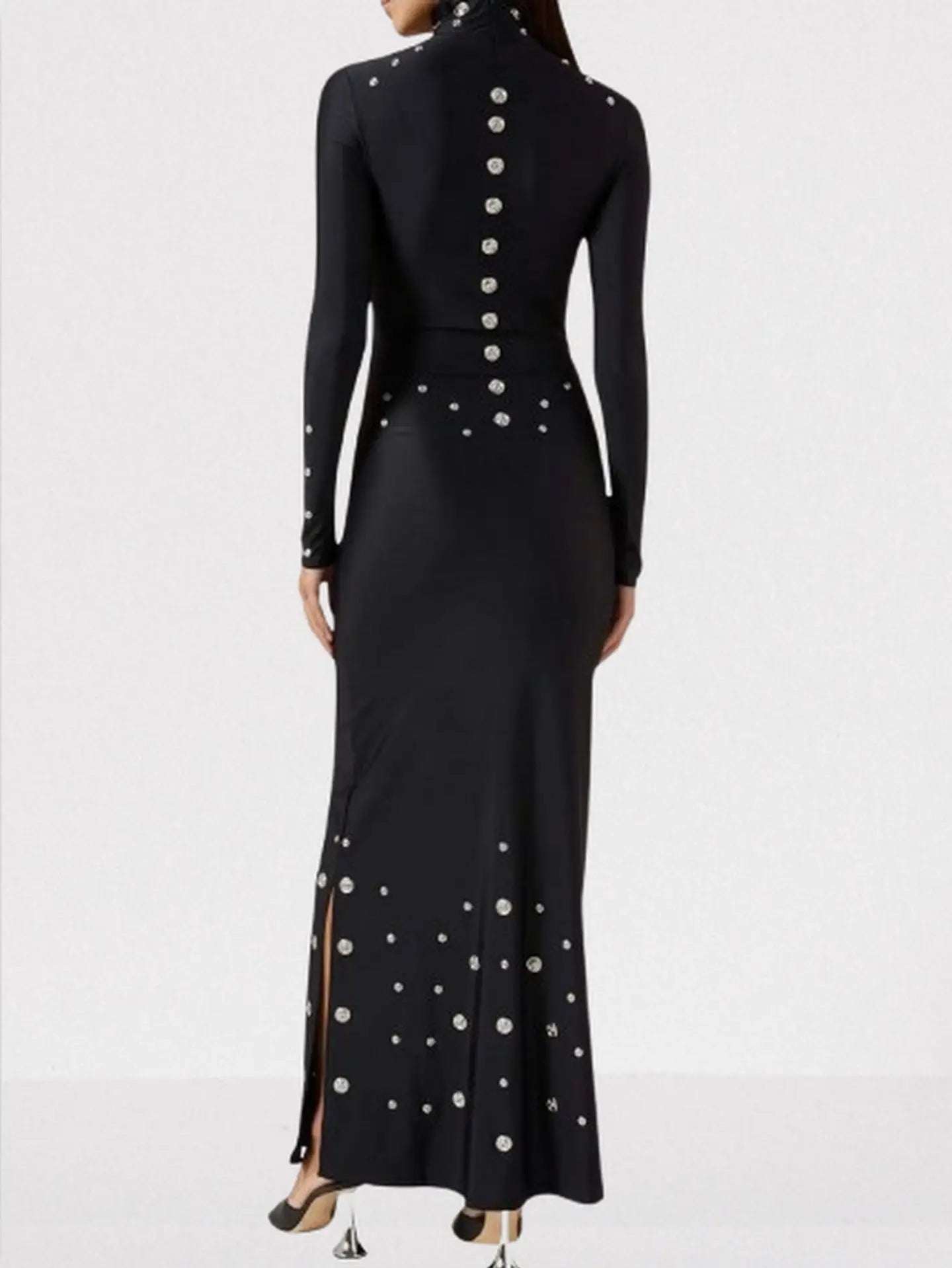 Snap-Embellished Stretch Long-Sleeve Maxi Dress - Dresses