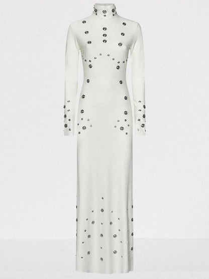 Snap-Embellished Stretch Long-Sleeve Maxi Dress - XS / White - Dresses