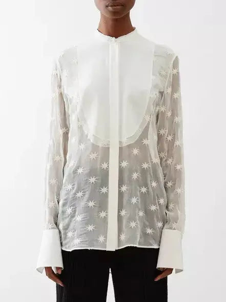 Star-Embroidery Silk-Mousseline Sheer Blouse - Tops