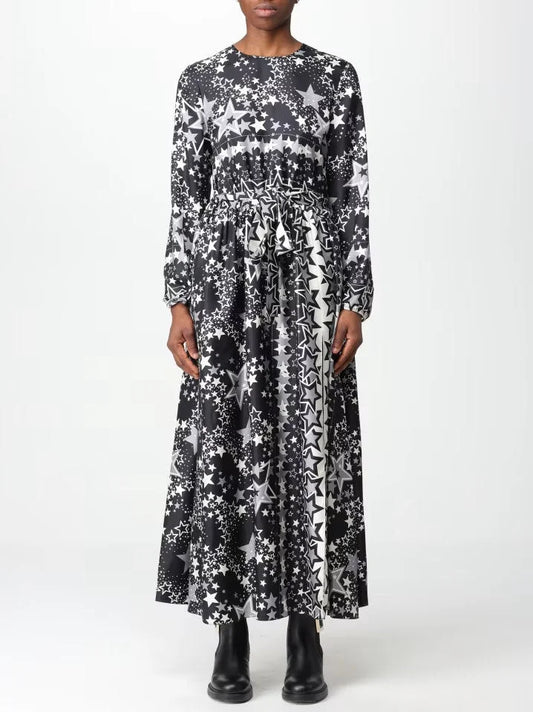 Star Print Long Silk Dress in Black White and Gray - Dresses