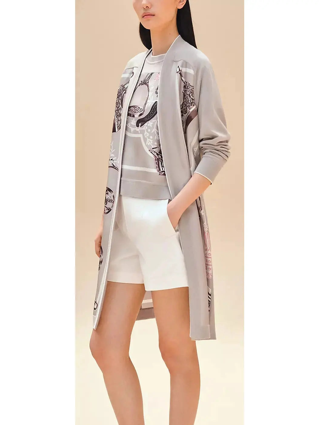 Stirrups Printed Long Belted Cardigan in Gray - Sweaters & Knitwear