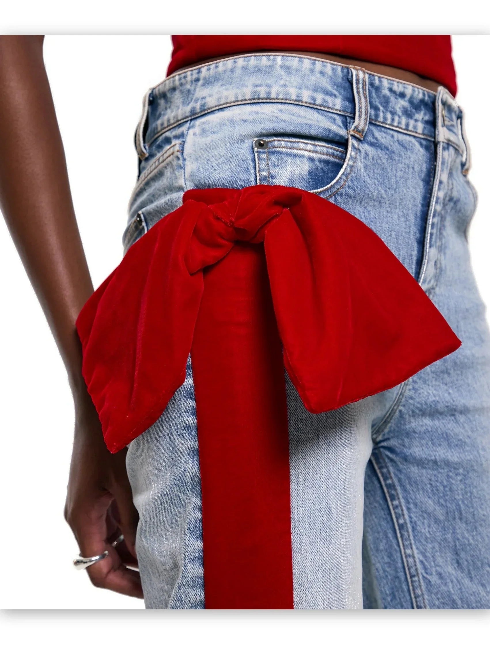 Straight Leg Jeans with Red Velvet Stripe and Bow - Jeans & Pants