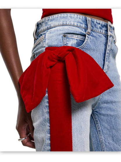 Straight Leg Jeans with Red Velvet Stripe and Bow - Jeans & Pants