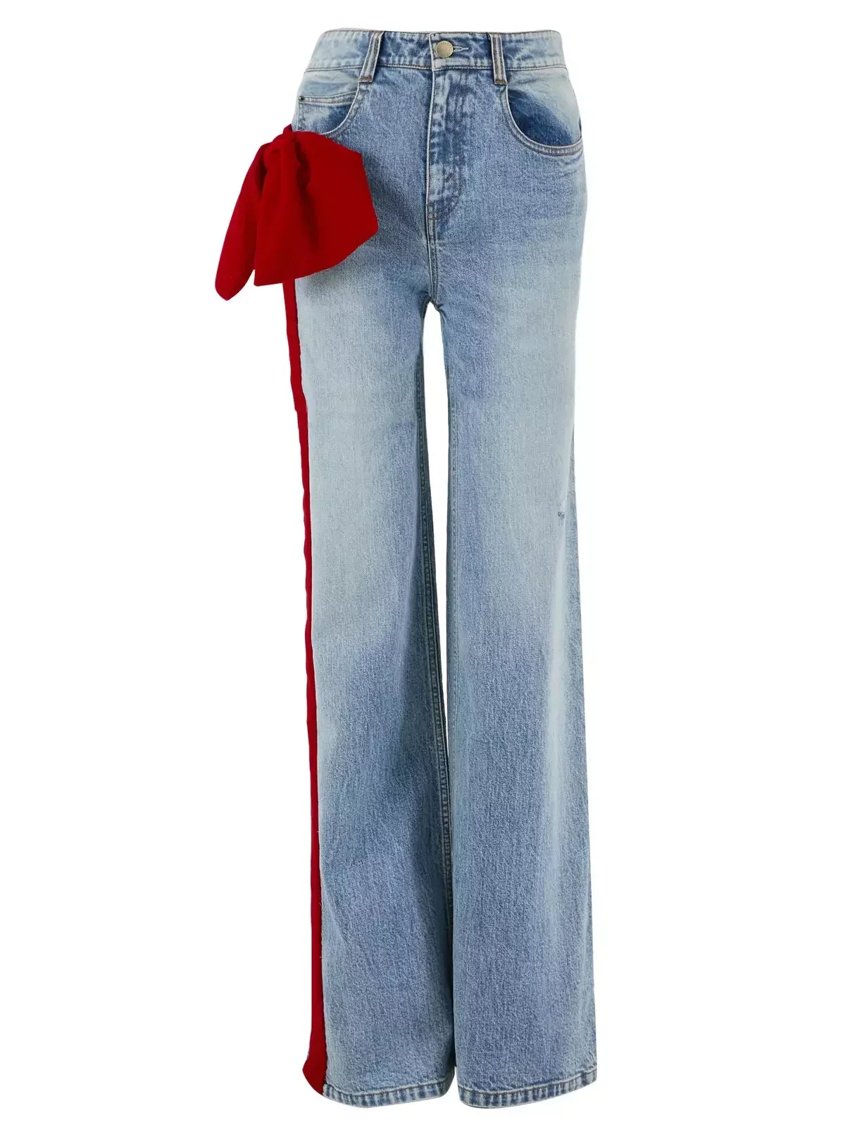 Straight Leg Jeans with Red Velvet Stripe and Bow - Jeans & Pants