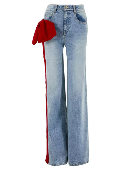 Straight Leg Jeans with Red Velvet Stripe and Bow - Jeans & Pants