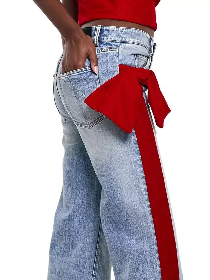 Straight Leg Jeans with Red Velvet Stripe and Bow - Jeans & Pants