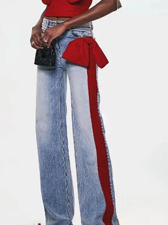 Straight Leg Jeans with Red Velvet Stripe and Bow - Jeans & Pants