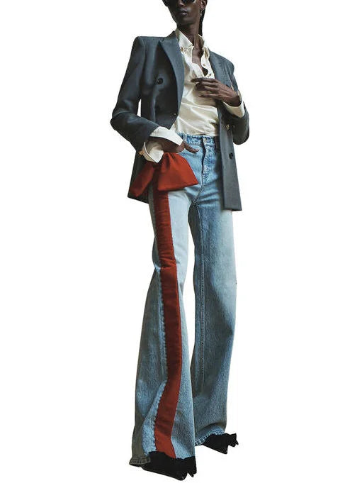 Straight Leg Jeans with Red Velvet Stripe and Bow - Jeans & Pants