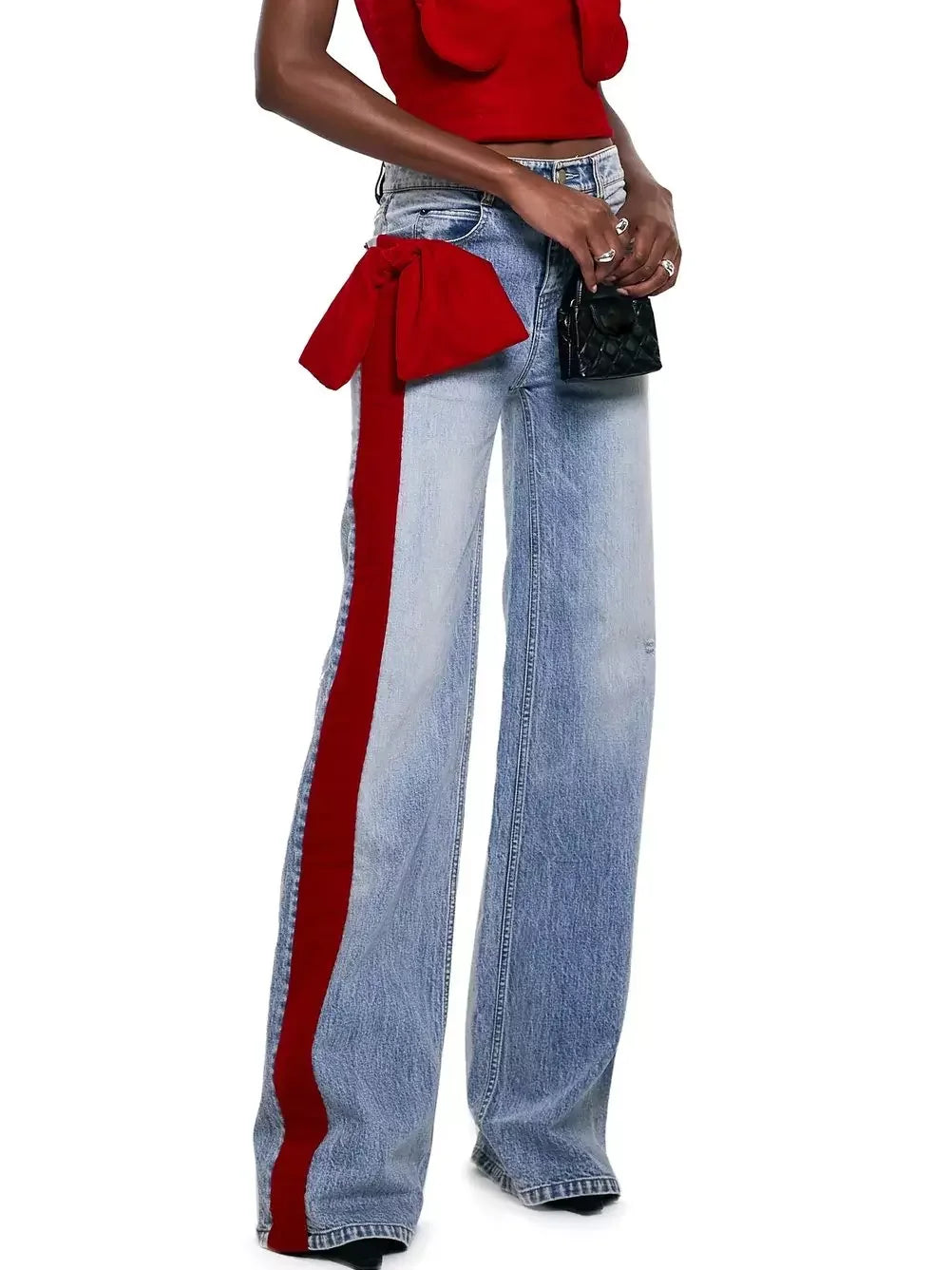 Straight Leg Jeans with Red Velvet Stripe and Bow - Jeans & Pants