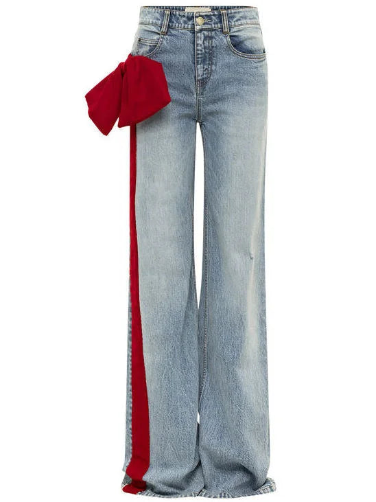 Straight Leg Jeans with Red Velvet Stripe and Bow - Jeans & Pants