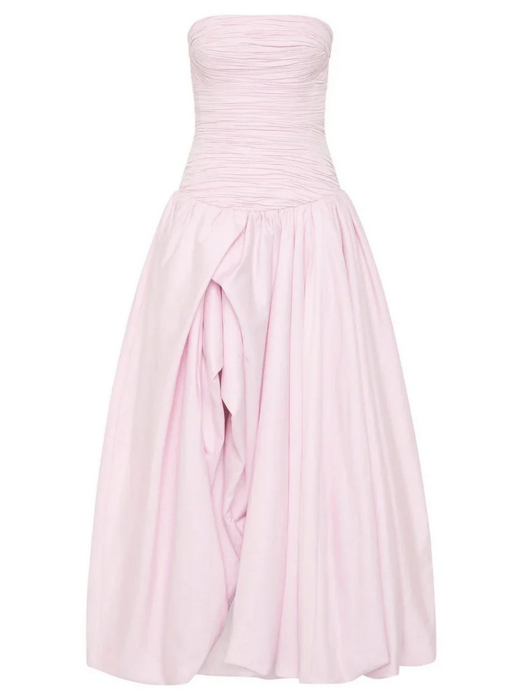 Strapless Gathered Long Pink Gown featuring a corset bodice and elegant design