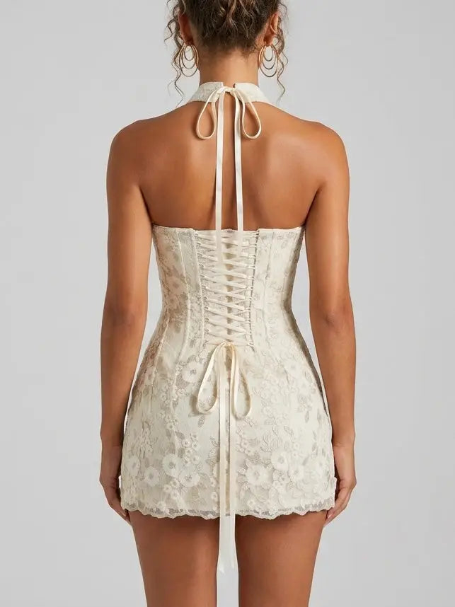 Strapless Lace Corset Mini Dress with Choker - Dresses