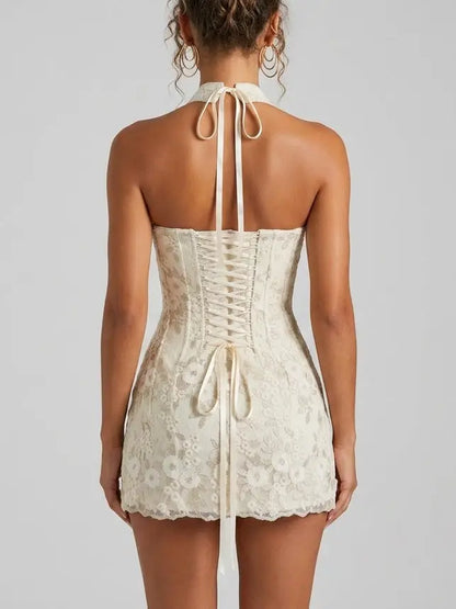 Strapless Lace Corset Mini Dress with Choker - Dresses