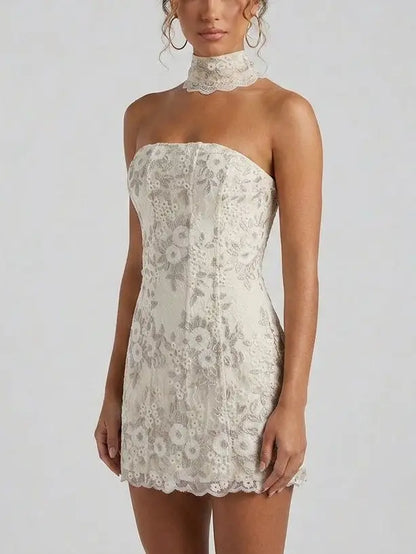 Strapless Lace Corset Mini Dress with Choker - Dresses